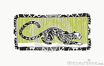 Vector hand drawn illustration with leopard on floral background in linocut style. Hand drawn sketch of jaguar with ornamental Vector Illustration