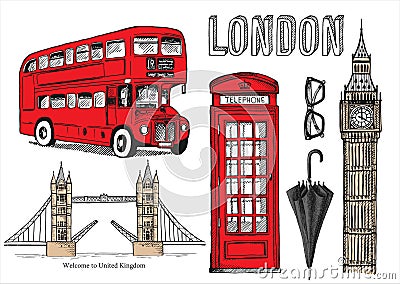 Vector hand drawn illustration with London symbols Vector Illustration