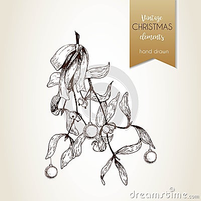 Vector hand drawn illustration of mistletoe branches bounded with bow. Christmas engraved decoration. Vector Illustration