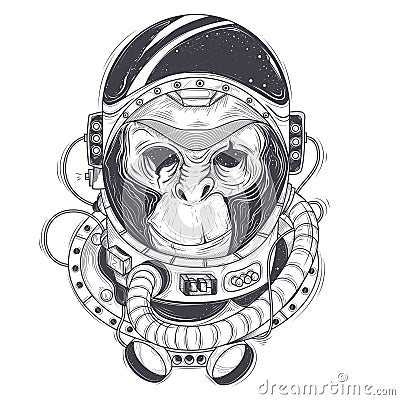 Vector hand drawn illustration of a monkey astronaut, chimpanzee in a space suit Vector Illustration