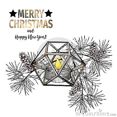 Vector hand drawn illustration of pine tree branches, cones and geometric lantern. Christmas engraved art decoration. Vector Illustration