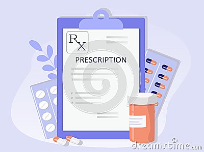 vector hand drawn illustration - prescription for medicines and jars and blisters with pills Vector Illustration