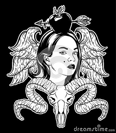 Vector hand drawn illustration of pretty girl with wings, apple with aeeow, ram skull. Vector Illustration