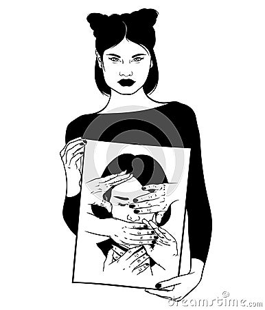 Vector hand drawn illustration of pretty woman with painting in her hands. Vector Illustration