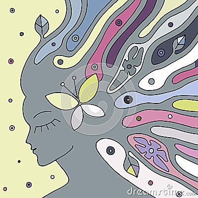 Vector hand drawn illustration of psychedelic woman face with abstract tree, flowers, leaves, dots, butterfly, background Vector Illustration