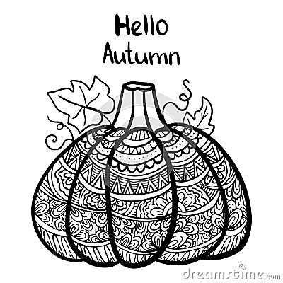 Vector hand drawn illustration of a pumpkin. Zen doodle and zen tangle autumn drawing with a pattern, anti-stress Vector Illustration