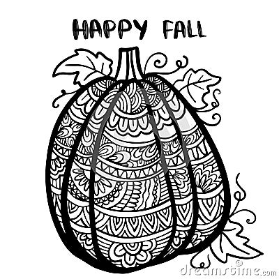 Vector hand drawn illustration of a pumpkin. Zen doodle and zen tangle autumn drawing with a pattern, anti-stress Vector Illustration