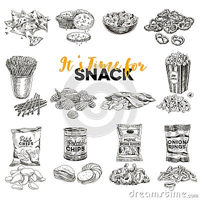 Vector hand drawn Illustration with retro snack staff. Vector Illustration