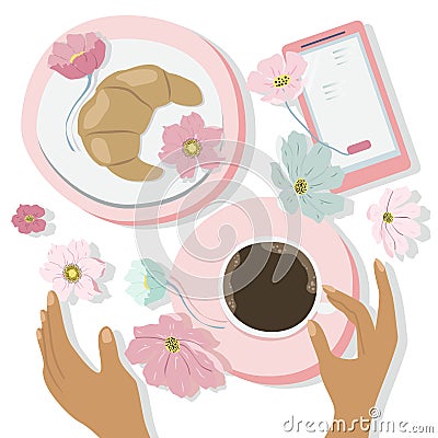 Vector hand drawn illustration - still life with coffee, croissant, female hands, phone and flowers. Vector Illustration