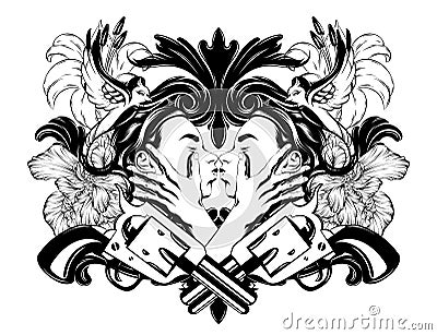 Vector hand drawn illustration of two kissing friends with flowers and guns isolated. Vector Illustration