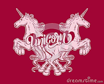 Vector hand drawn illustration of unicorn and handwritten lettering isolated. Tattoo artwork. Vector Illustration