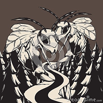 Vector hand drawn illustration of wasps in forest . Creative artwork. Vector Illustration