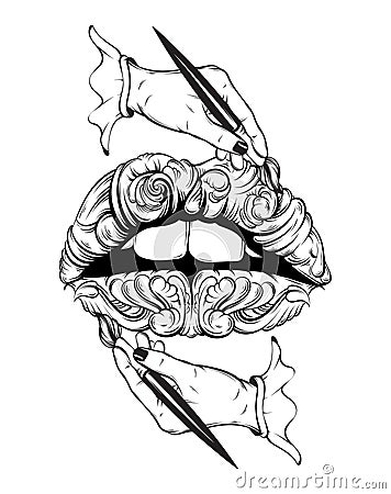 Vector hand drawn illustration of woman hand holding artistic brush and baroque surreal lips. Vector Illustration