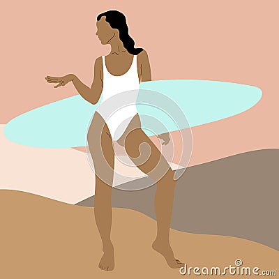 Vector hand drawn illustration of woman holding surf . Vector Illustration