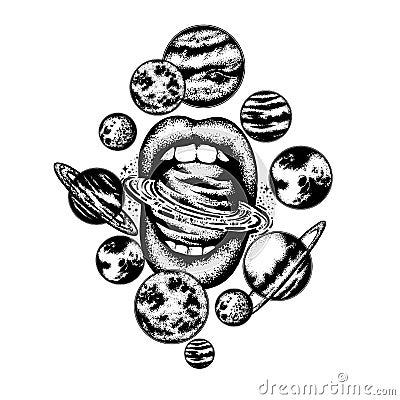 Vector hand drawn illustration of women`s mouth with planets, sun and moon. Vector Illustration