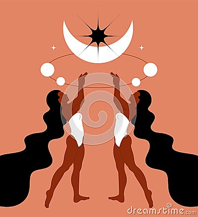 Vector hand drawn illustration of women in swimsuits with long hair isolated Vector Illustration