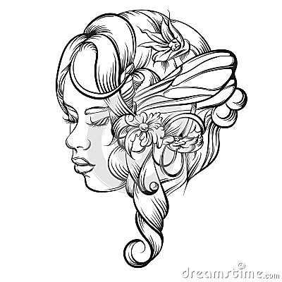 Vector hand drawn illustration of young lady Vector Illustration