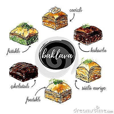 Set of hand drawn watercolor vector illustrations of turkish dessert Baklava Vector Illustration