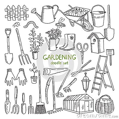 Vector hand drawn illustrations of gardening. Different doodle elements set for garden work Vector Illustration