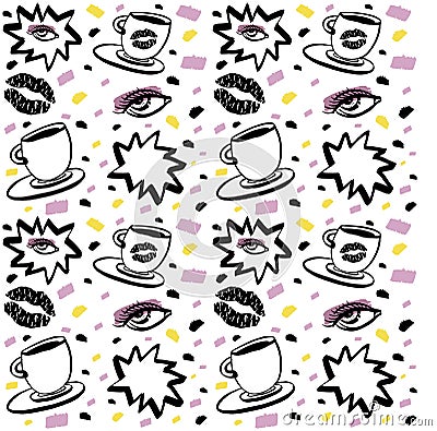 Vector hand drawn ink seamless pattern with woman eye, closed eyes and coffee cup with lipstick. Black, purple and yellow Stock Photo