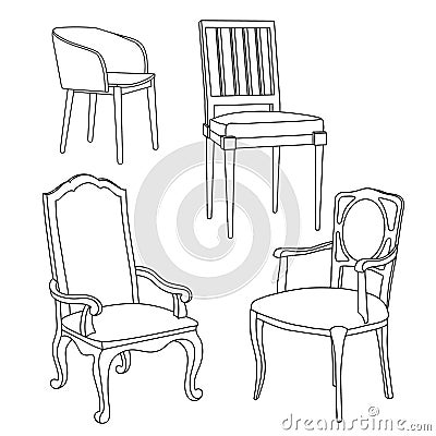 Vector hand-drawn isolated black and white armchairs and chairs Vector Illustration