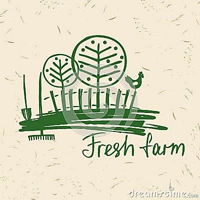 Vector hand drawn logo fresh farm. Lettering logo agriculture an Vector Illustration