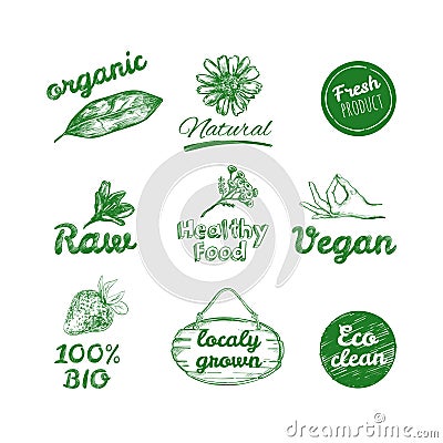 Vector hand drawn logos. Healthy eat logotypes set. Vegan, natural food and drinks signs. Farm market, store icons collection. Vector Illustration