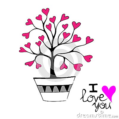 Vector. hand-drawn love tree. Red hearts instead of leaves. Vector Illustration