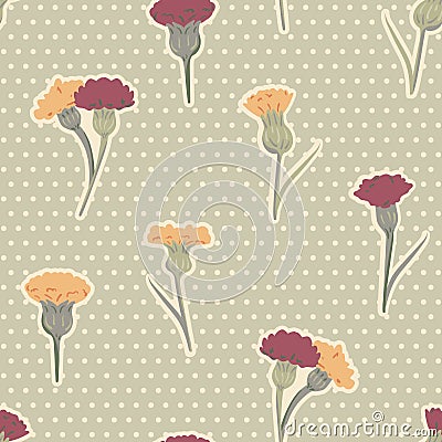 Vector Hand Drawn Meadow Florals on Dots seamless pattern background Stock Photo