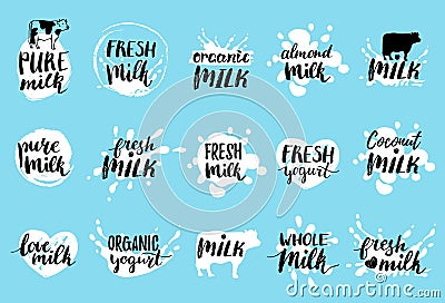 Vector hand drawn milk labels. Signs set for dairy produce. Tags collection for products packaging, advertising etc. Vector Illustration