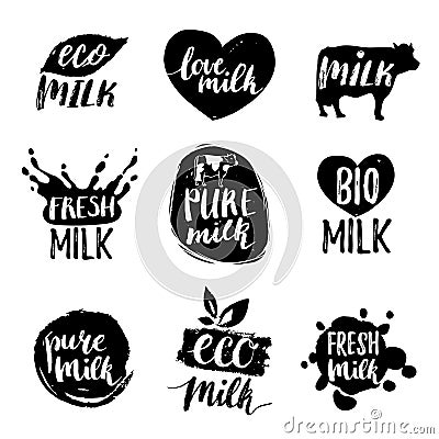 Vector hand drawn milk logotypess. Signs set for dairy produce. Tags collection for products packaging, advertising etc. Vector Illustration