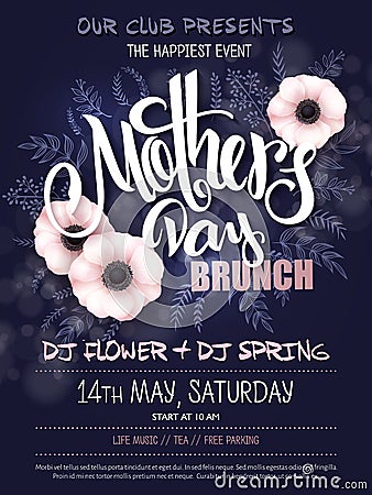 Vector hand drawn mothers day event poster with blooming anemone flowers hand lettering text - mother`s day and Vector Illustration