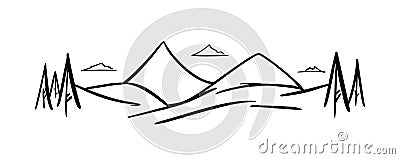 Vector Hand drawn Mountains sketch landscape with hills and pines and clouds Vector Illustration