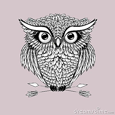 Vector hand drawn Owl sitting on branch. Vector Illustration