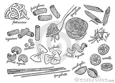 Vector hand drawn pasta set. Vintage line art illustration Vector Illustration