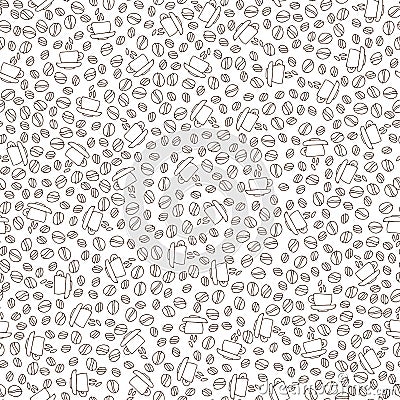 Vector hand drawn pattern of coffee seeds and cups. Coffee beans, cup seamless pattern on white background. Seamless Vector Illustration