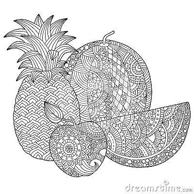 Vector hand drawn pineapple, watermelon, apple illustration for adult coloring book. Freehand sketch for adult anti Vector Illustration