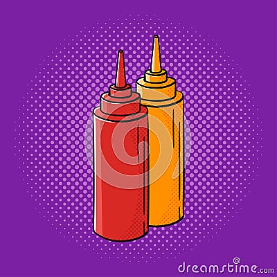 Vector hand drawn pop art illustration of ketchup and mustard. Vector Illustration