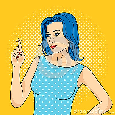 Vector hand drawn pop art illustration of young woman with the Reminder String on the finger. Vector Illustration