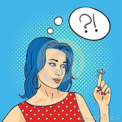 Vector hand drawn pop art illustration of young woman with the Reminder String on the finger. Vector Illustration