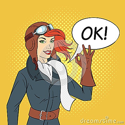 Vector hand drawn pop art style illustration of retro woman pilot Vector Illustration