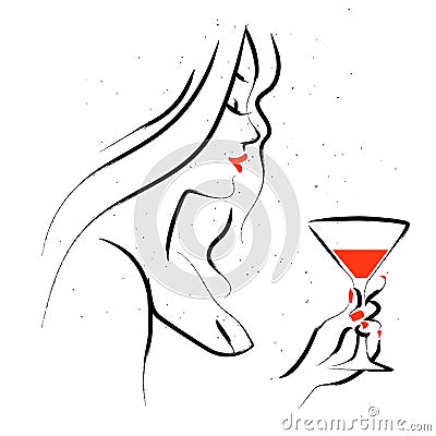 Vector hand drawn portrait of young beautiful lady with glass of vermouth isolated on white background. Vector Illustration