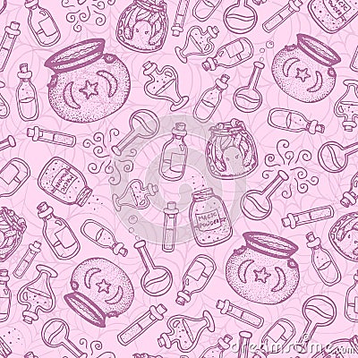 Vector hand drawn purple witch bottles seamless pattern on the pink background Vector Illustration