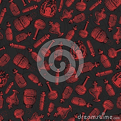 vector hand drawn red witch bottles seamless pattern on the dark gray background. Includes potions, elixirs and vials Vector Illustration