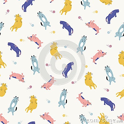 Vector cute retro cats with a skein illustration motif seamless repeat pattern animal design digital file Vector Illustration