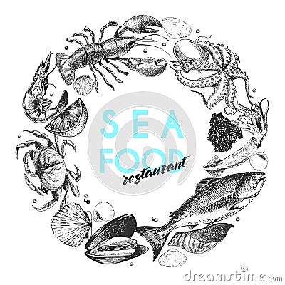 Vector hand drawn seafood logo. Lobster, salmon, crab, shrimp, ocotpus, squid, clams.Engraved art Vector Illustration