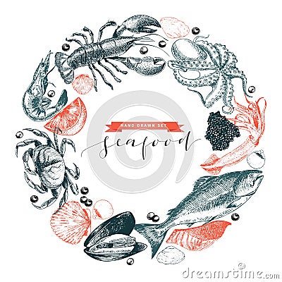 Vector hand drawn seafood logo. Lobster, salmon, crab, shrimp, ocotpus, squid, clams.Engraved art in round composition. Vector Illustration