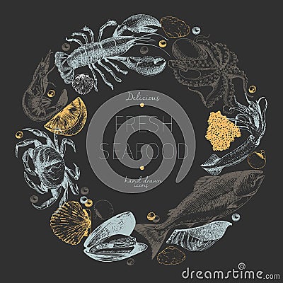 Vector hand drawn seafood logo. Lobster, salmon, crab, shrimp, squid, clams. Vector Illustration