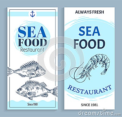 Vector Hand Drawn Seafood Restaurant Banner Set Vector Illustration