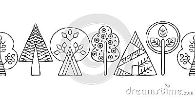 Vector hand drawn seamless border, pattern, decorative stylized black and white childish trees. Doodle sketch style, graphic illus Vector Illustration